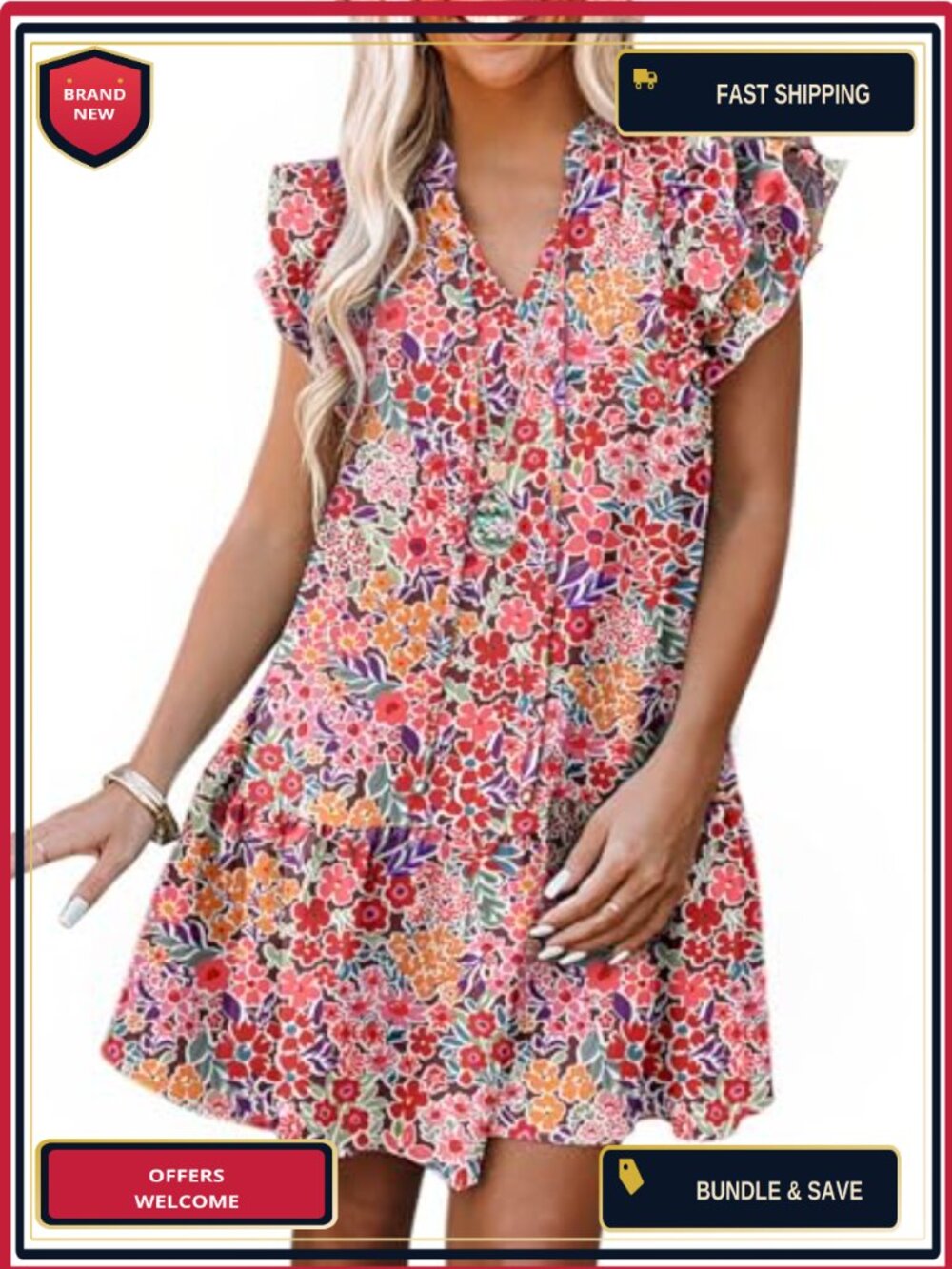 Women's V-Neck Drawstring Ruffle Cap Sleeve Side Pocket Mini Dress Sundress